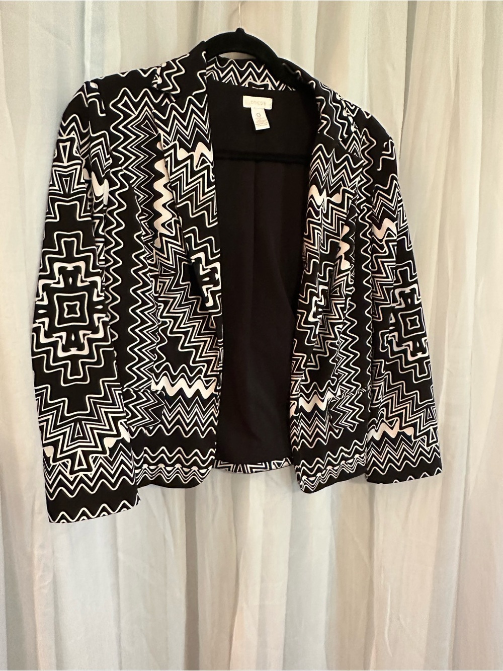Chico’s Black & White Geometric Open Blazer